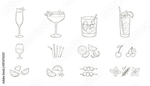 Collection of Hand Drawn Cocktail Ingredients and Garnishes.