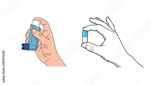Close-up illustration of human hands holding an asthma inhaler releasing medication and a blue and white capsule pill, symbolizing modern medical treatments and healthcare.