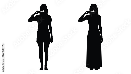 Silhouette of a woman applying lipstick shown in two slightly differing poses