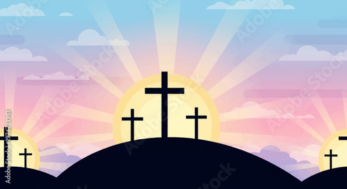 Easter Sunrise with Three Crosses on Hilltop, Religious Symbolism, Hopeful Sky