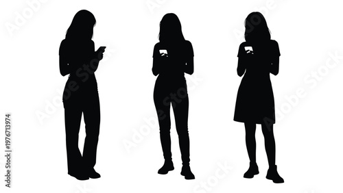 Three women stand facing forward each engaged with their smartphones