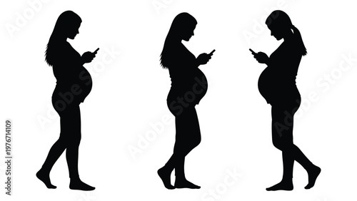 Silhouettes of three pregnant women using smartphones depicting stages of gestation