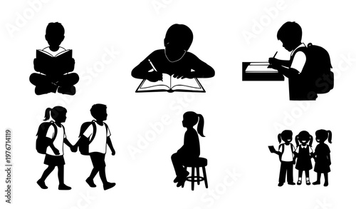 Children daily life silhouette vector set kids learning reading and school activity poses