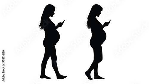 Silhouettes of two pregnant women using smartphones viewing screens in profile
