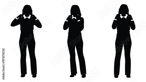 Three identical silhouettes of a person making a viewing gesture with their hands