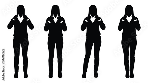 Four silhouetted figures performing a synchronized hand gesture against a white background