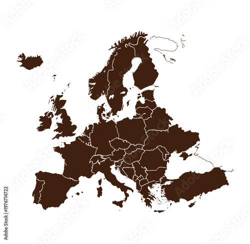 Brown European continent map with country borders on white background