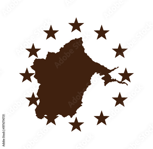 Brown silhouette of a landmass surrounded by stars on white background