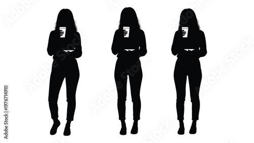 Three silhouetted women each holding a disposable coffee cup in a row