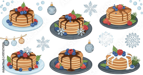 Christmas Pancakes with Berries and Syrup Festive Dessert Breakfast Holiday Food Vector Illustration Set