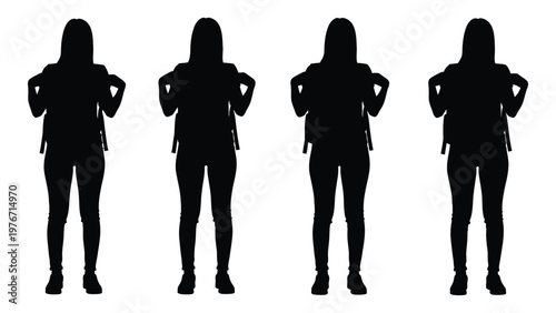 Four silhouetted figures of women standing with backpacks facing forward
