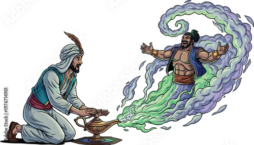 Magic Genie Emerging from Lamp Arabian Fantasy Character Wish Concept Arabian Tale Vector Illustration