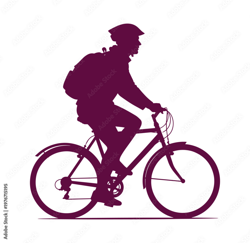 Obraz premium Man riding bicycle with backpack on back in purple silhouette