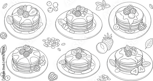 Pancakes with Berries Line Art Breakfast Dessert Plates Sweet Food Outline Vector Illustration Set