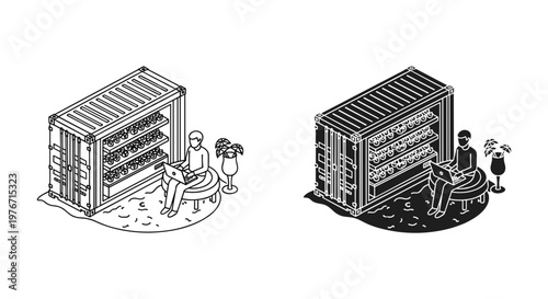 Isometric shipping container office vector, modern remote workspace with person working on laptop, modular cargo architecture for digital nomads