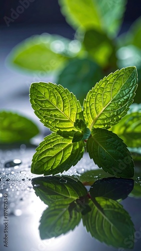 A close-up of vibrant green leaves on a wet reflective surface
