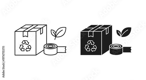 Eco-friendly packaging vector icons, sustainable shipping box with recycle symbol and leaves, biodegradable delivery parcel and adhesive tape set