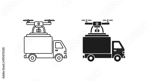 Autonomous delivery drone landing on cargo truck, futuristic logistics and shipping icons, black and white vector set for smart transportation