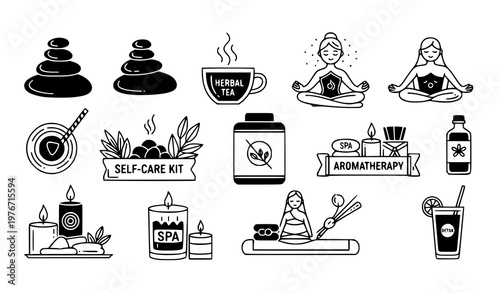 Creative wellness spa icon collection self care meditation aromatherapy detox black and white vector illustration isolated on white background