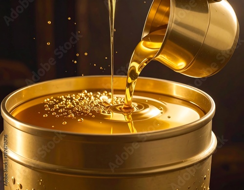 Close-up of golden liquid pouring into a metallic container
