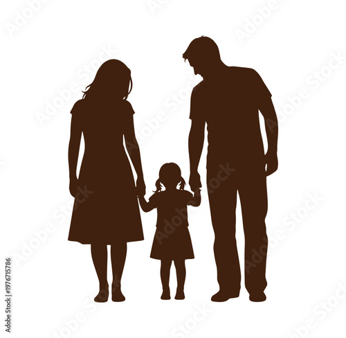 Silhouette of a family with a man woman and little girl holding hands