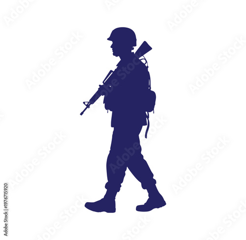 silhouette of a soldier walking with a rifle and backpack on white background