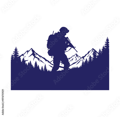 Silhouette of a soldier walking with a rifle in a mountainous landscape with trees