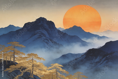 Serene Mountain Landscape at Sunrise with Golden Pine Trees and Hazy Mist