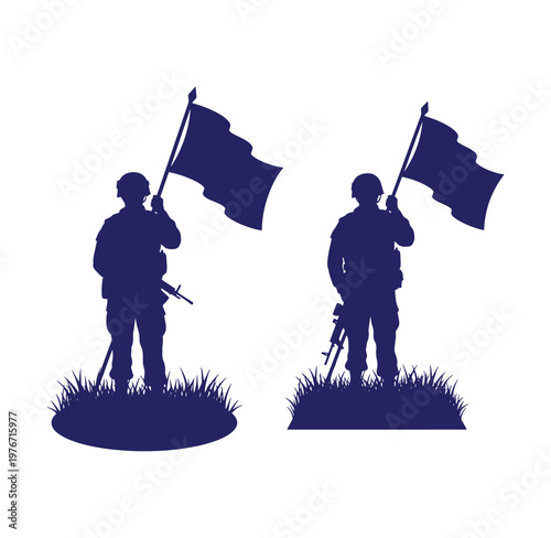 Silhouette of soldiers holding flags in grass  military and war concept
