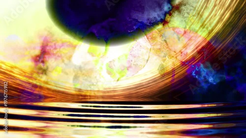 Psychedelic cosmic sunrise over abstract alien ocean
