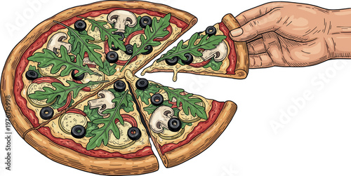 Hand Taking Slice of Vegetarian Pizza with Mushrooms Olives Arugula Delicious Food Illustration Vector Design