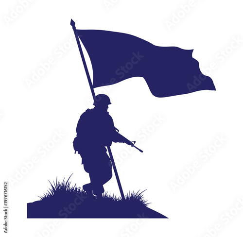 Soldier kneeling with flag on grassy hill  patriotism and bravery concept
