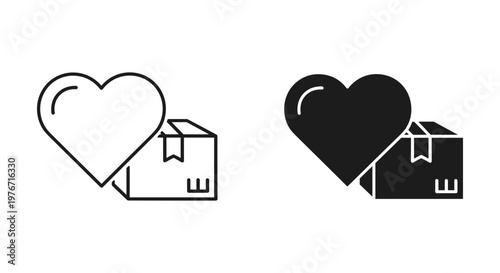 Charity donation box icon set, heart and cardboard parcel vector symbols, donation and humanitarian aid concept for logistics and non-profit organizations