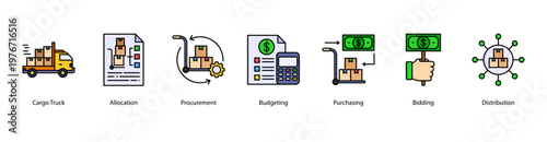 Logistics and Distribution web banner icon vector illustration featuring Cargo Truck, Allocation, Procurement, Budgeting, Purchasing, Bidding, and Distribution in supply operations.