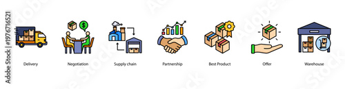 Supply Chain and Negotiation web banner icon vector illustration featuring Delivery, Negotiation, Supply Chain, Partnership, Best Product, Offer, and Warehouse in procurement operations.