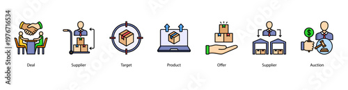 Business Deals and Suppliers web banner icon vector illustration featuring Deal, Supplier, Target, Product, Offer, Supplier, and Auction for corporate procurement and supply chain management.