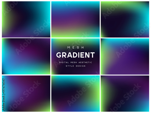 Collection of dark aurora and deep ocean mesh gradients. Abstract turquoise, purple and green backgrounds for digital night, cosmic and futuristic designs. Blurred textures, vector illustration.