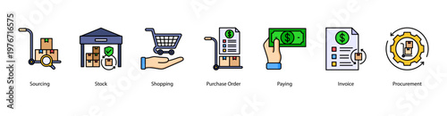 Purchasing and Documentation web banner icon vector illustration with Sourcing, Stock, Shopping, Purchase Order, Paying, Invoice, and Procurement for effective buying and financial processes.