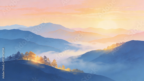 Serene mountain landscape at sunrise with golden light illuminating mist-covered hills and trees, creating a peaceful and tranquil atmosphere