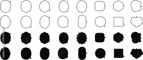 Speech bubble collection with outline and solid shapes for chat and messaging design. Minimal dialog boxes in various styles for communication concepts. Modern vector bubbles for UI, apps, and social 