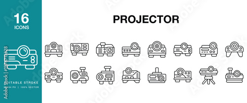 Projector icon set. Includes projector, projection, screen, presentation, meeting and More. Editable Stroke Icon Collection.