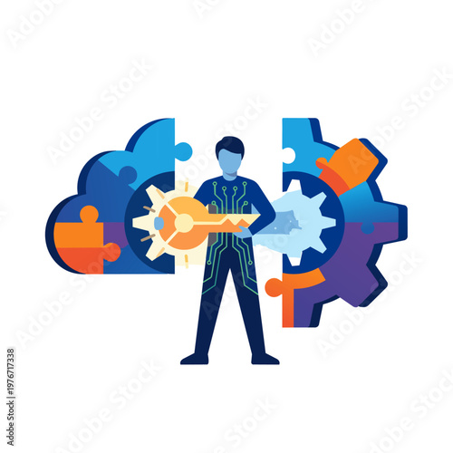 A flat vector graphic of an AI Solutions Architect standing between two large, different-shaped puzzles. The architect holds a glowing "key" piece that perfectly fits both sides