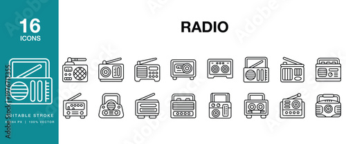 Radio icon set. Includes radio, broadcast, fm, am, receiver, transmitter and More. Editable Stroke Icon Collection.