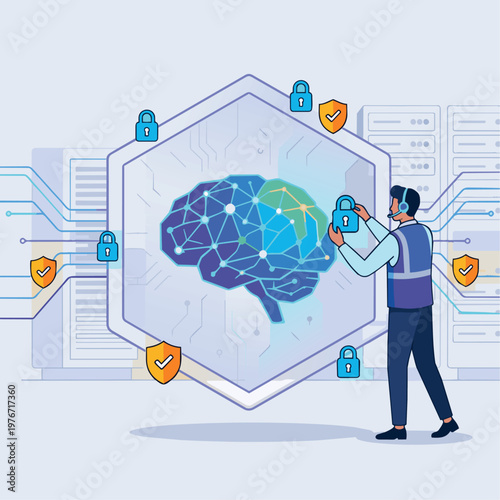A flat vector illustration focused on a large, glowing AI model contained within a transparent, hexagonal shield. An AI Solutions Architect is placing "lock" and "shield" icons around the perimeter 