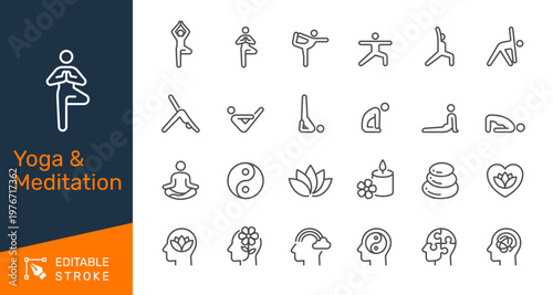Yoga and meditation thin line icon collection for wellness, mindfulness, relaxation and fitness concept. Editable stroke. Pixel perfect.