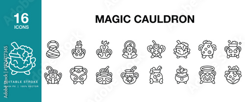 Magic Cauldron icon set. Includes cauldron, magic, potion, witch, wizard, spell and More. Editable Stroke Icon Collection.