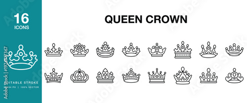 Queen Crown icon set. Includes crown, queen, royal, monarchy, kingdom, princess and More. Editable Stroke Icon Collection.