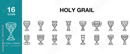 Holy Grail icon set. Includes grail, holy, chalice, cup, sacred, legend and More. Editable Stroke Icon Collection.