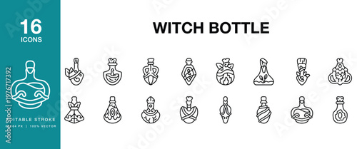 Witch Bottle icon set. Includes bottle, witch, magic, potion, elixir, mystical and More. Editable Stroke Icon Collection.