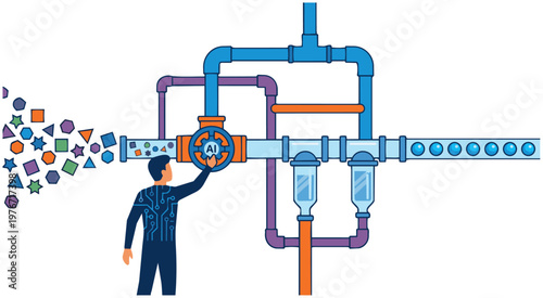 A minimalist flat vector illustration showing a complex pipeline of pipes and filters. An AI Solutions Architect is adjusting a "valve" icon, causing a messy stream of geometric shapes on one side to 